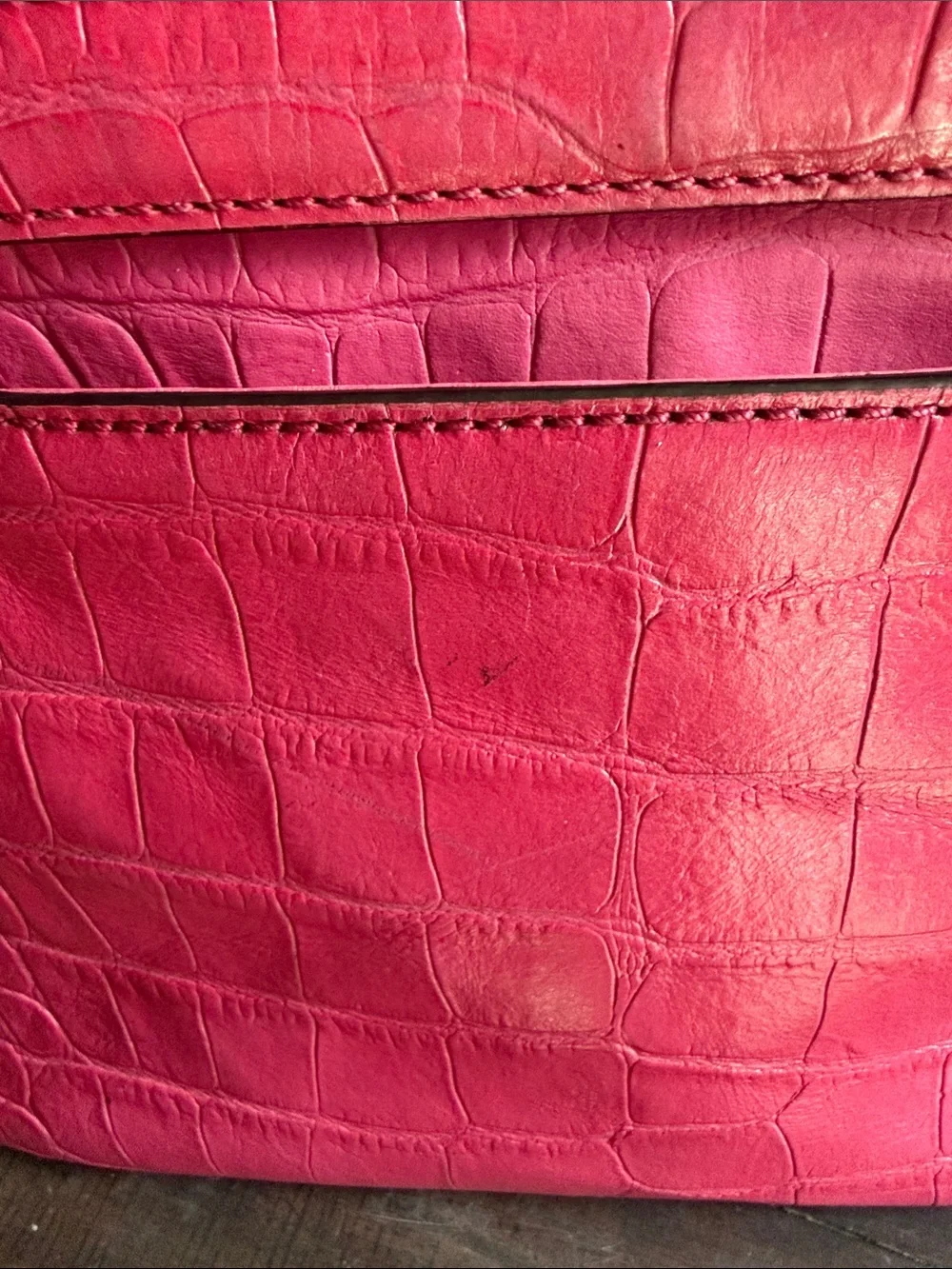 MCM Pink Croc-Embossed Top Handle Satchel with Gold Hardware